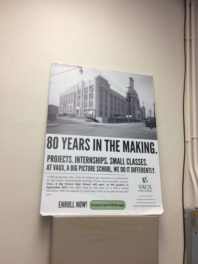 A flyer on a bulletin board in the main office at Vaux High School, which reopened last fall